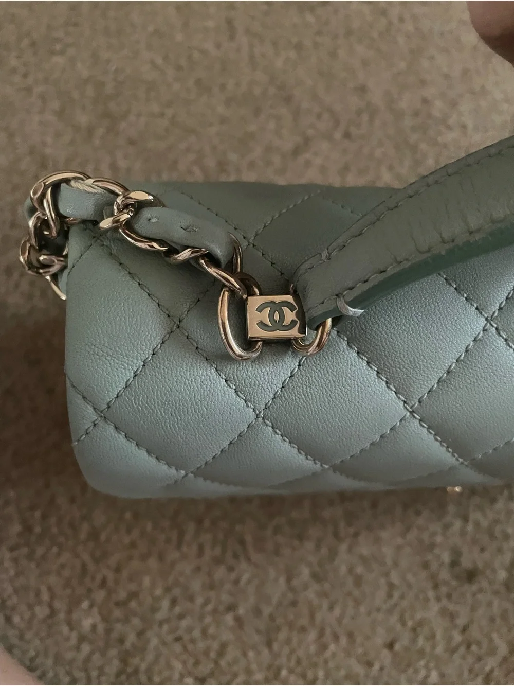 CHANEL Mint Green Quilted Top Handle bag with Gold Hardware